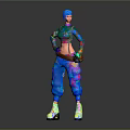 Vibrant Fantasy Character with Blue Hair and Colorful Outfit Standing with Small Creature