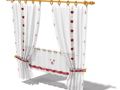 White Curtains With Red Heart Patterns Golden Rod And Red Trim Tiebacks 3d model