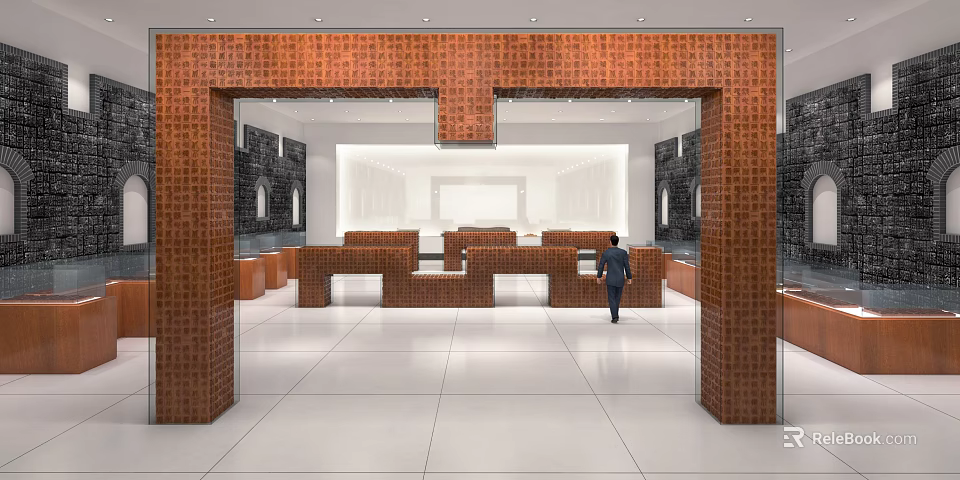 Modern Cultural Center Interior Design With Brown Decor White Tile Floor And Information Desk 3d model 