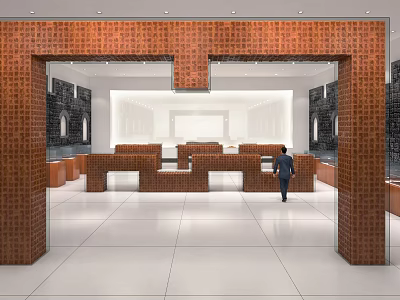 Modern Cultural Center Interior Design With Brown Decor White Tile Floor And Information Desk 3d model
