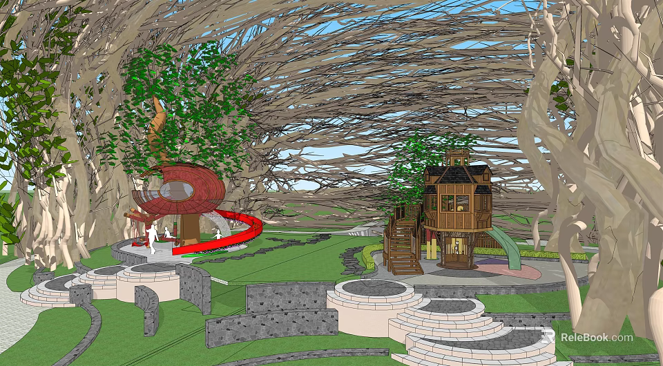 Natural Themed Children's Play Area with Tree Vine Canopy Red Slide and Treehouse Green Lawn 3d model 