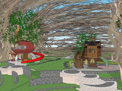 Natural Themed Children's Play Area with Tree Vine Canopy Red Slide and Treehouse Green Lawn 3d model