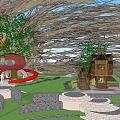 Natural Themed Children's Play Area with Tree Vine Canopy Red Slide and Treehouse Green Lawn