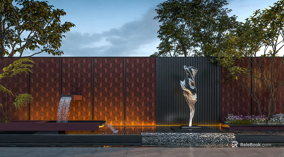 Modern Outdoor Landscape With Reddish Brown Diamond Pattern Wall Water Fountain And Sculpture 3d model 
