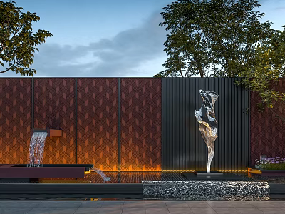Modern Outdoor Landscape With Reddish Brown Diamond Pattern Wall Water Fountain And Sculpture 3d model