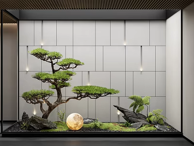 Indoor Zen Landscape Design With Bonsai Pine Tree Glowing Moon Rocks Moss And Gray Wall 3d model