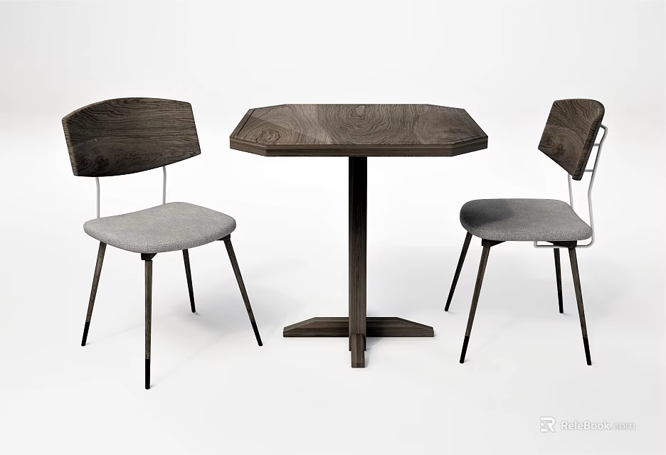 Modern Octagonal Wooden Dining Table Set With Grey Padded Seats And Metal Legs 3d model 