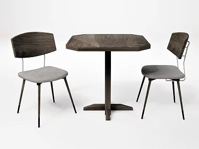 Modern Octagonal Wooden Dining Table Set With Grey Padded Seats And Metal Legs 3d model