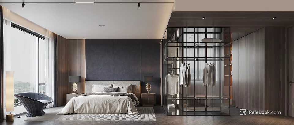 Modern Bedroom Interior With Dark Gray Walls Wooden Accents Bedside Lamps And Open Closet 3d model 