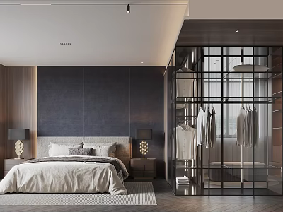 Modern Bedroom Interior With Dark Gray Walls Wooden Accents Bedside Lamps And Open Closet 3d model