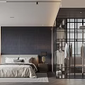 Modern Bedroom Interior With Dark Gray Walls Wooden Accents Bedside Lamps And Open Closet