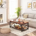 Modern Living Room Coffee Table With Brown Wooden Top Black Metal Frame And Drinks Books