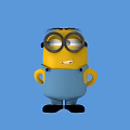 Cartoon Minion Man Character Wearing Blue Overalls and Black Goggles Standing with Hands on Hips Against Blue Background