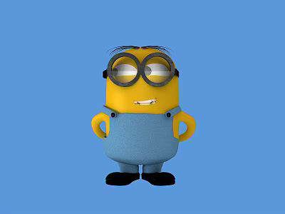 Cartoon Minion Man Character Wearing Blue Overalls and Black Goggles Standing with Hands on Hips Against Blue Background 3d model