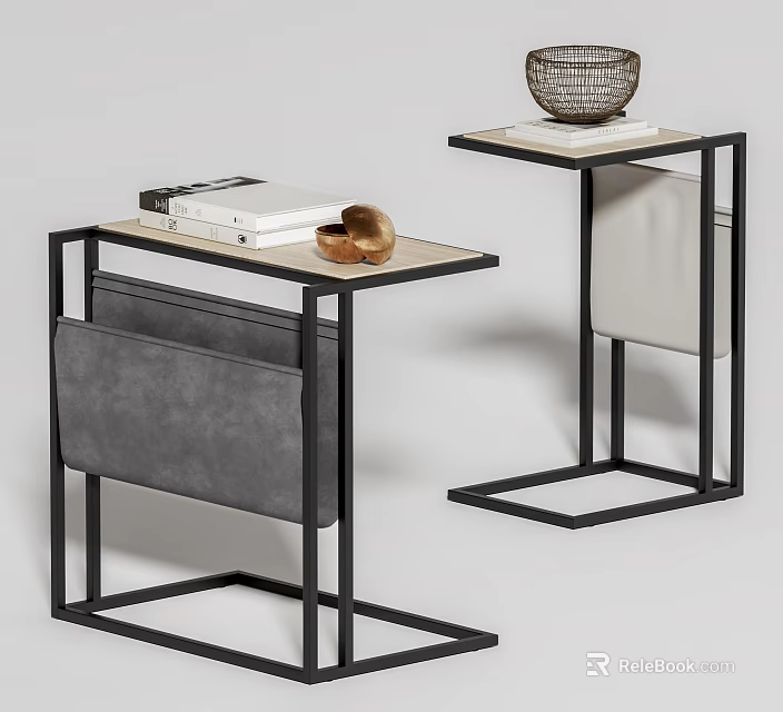 Stylish Modern Side Table With Metal Frame And Top Featuring Books And Woven Basket 3d model 