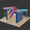 Blue Brushes Painting Colorful Stripes on Blue Cubes with Wooden Stools and Plank Floor