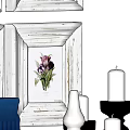 Decorative Ornament Set With Four Floral Frames Green Plant Blue White Vases Black Candle Holders