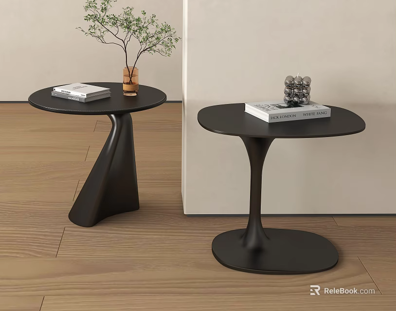 Modern Black Side Tables With Curved Base Round Top And Decorative Plants Books 3d model 