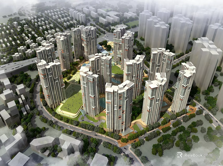 Modern High Rise Residential Complex Featuring Green Spaces And Urban Layout Design 3d model 