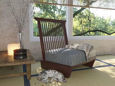 Wooden Single Sofa with Gray Cushion Cat on Tatami Floor by Window Green Trees 3d model