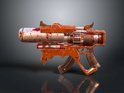 Futuristic Orange Metallic Gun With Battle Worn Details And Blood Stains 3d model