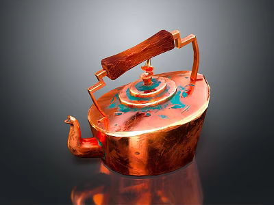Copper Kettle With Wooden Handle And Bird Shaped Spout Blue Decorative Patterns 3d model