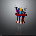 Red White Striped Hat With Blue Stars Holding Colorful Party Supplies Confetti Sticks Silver Streamers