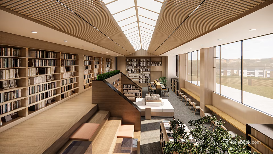 Modern Library Art Interior Design With Skylights Wooden Ceiling Bookshelves And Green Plants 3d model 