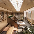 Modern Library Art Interior Design With Skylights Wooden Ceiling Bookshelves And Green Plants