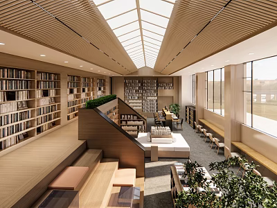 Modern Library Art Interior Design With Skylights Wooden Ceiling Bookshelves And Green Plants 3d model
