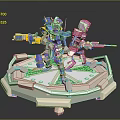 Robot Sculptures With Blue Pink Details Holding Weapons On Hexagonal Display Stand