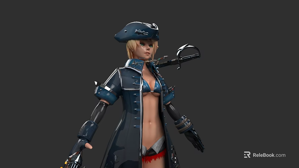 Woman In Blue Pirate Hat And Coat With Mechanical Arms And Sword 3d model 