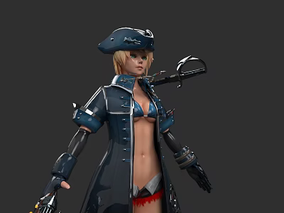 Woman In Blue Pirate Hat And Coat With Mechanical Arms And Sword 3d model
