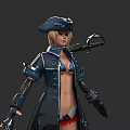 Woman In Blue Pirate Hat And Coat With Mechanical Arms And Sword