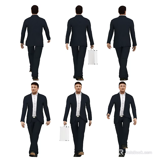 Business Man in Black Suit Full Body Walking with White Briefcase Different Poses 3d model 