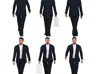 Business Man in Black Suit Full Body Walking with White Briefcase Different Poses 3d model
