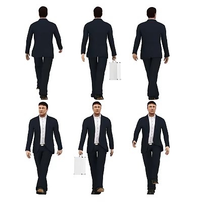 Business Man in Black Suit Full Body Walking with White Briefcase Different Poses 3d model