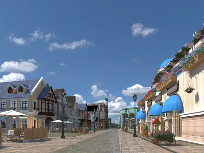 European Style Commercial Street With Blue Umbrellas Street Lamps Store Signs And Outdoor Seats 3d model