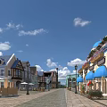 European Style Commercial Street With Blue Umbrellas Street Lamps Store Signs And Outdoor Seats