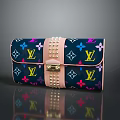 Dark Blue Wallet With Colorful LV Monogram Stars Flowers Pink Studded Strap And Gold Buckle