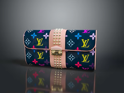 Dark Blue Wallet With Colorful LV Monogram Stars Flowers Pink Studded Strap And Gold Buckle 3d model