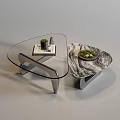 Modern Glass Top And Marble Texture Coffee Tables With Magazine Small Plant And Circular Decoration