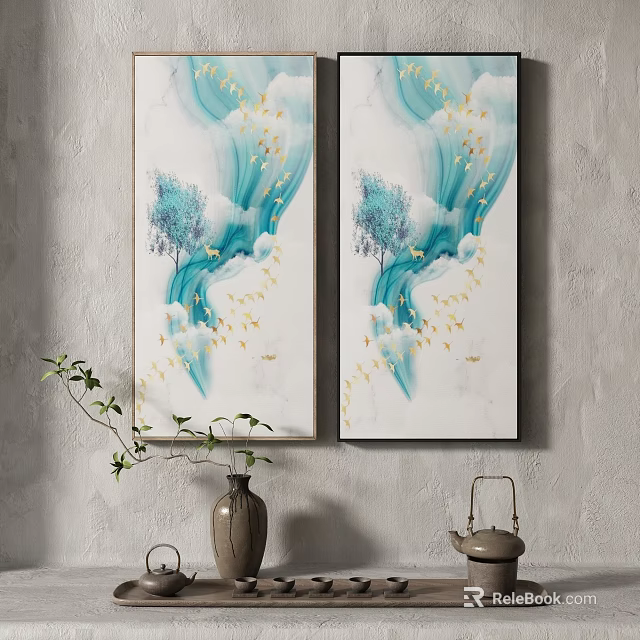 Two Blue Gold Decorative Paintings With Birds Trees On Gray Wall Green Plant Vase 3d model 