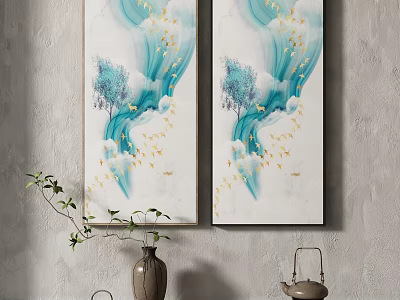 Two Blue Gold Decorative Paintings With Birds Trees On Gray Wall Green Plant Vase 3d model