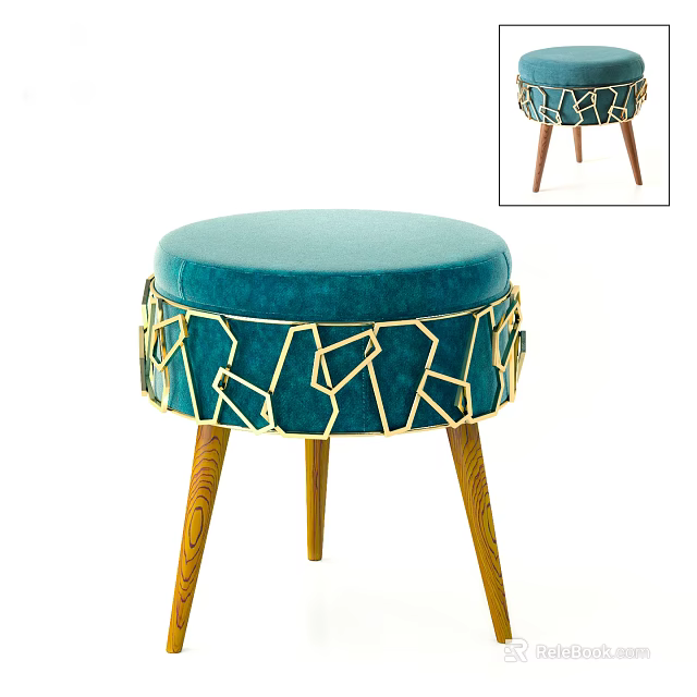 Teal Velvet Stool With Gold Geometric Trim And Carved Wooden Legs 3d model 