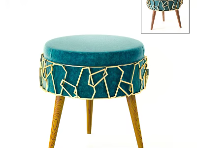 Teal Velvet Stool With Gold Geometric Trim And Carved Wooden Legs 3d model