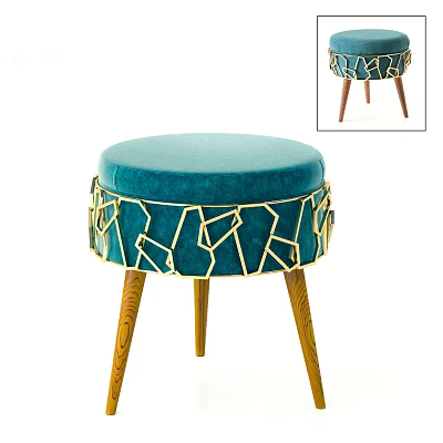 Teal Velvet Stool With Gold Geometric Trim And Carved Wooden Legs 3d model