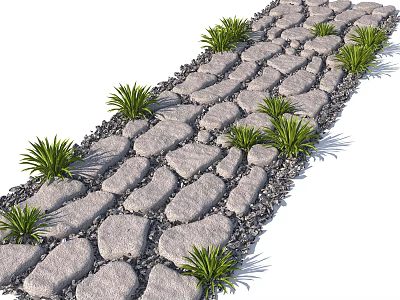 Garden Stone Pathway With Irregular Stones Gravel Edges And Green Plants 3d model