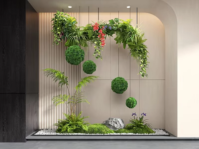 Modern Indoor Landscape With Hanging Green Plants Topiary Balls Wall Mounted Greenery And Stones 3d model