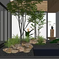 Serene Modern Courtyard Garden With Trees Pebbles Water Pond And Ambient Lighting